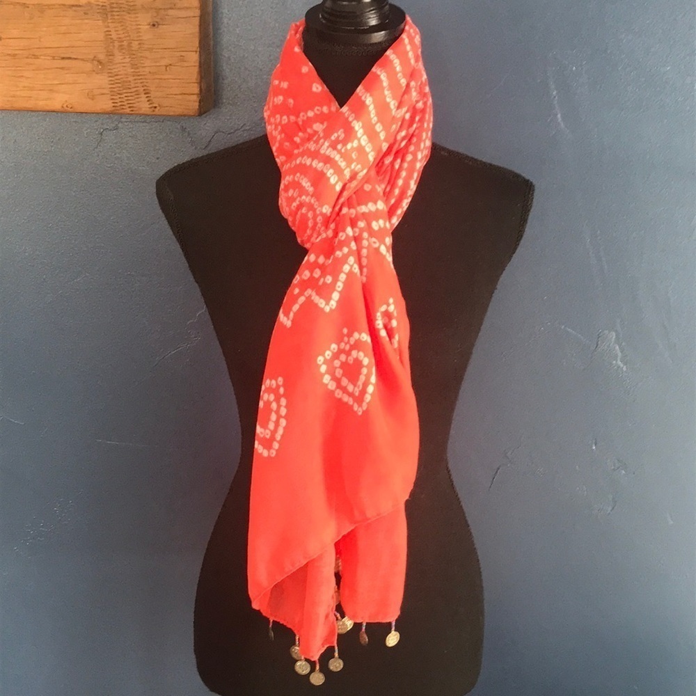 Women’s Coral Orange Heart Pattern Lightweight Scarf with Tassel Coins
